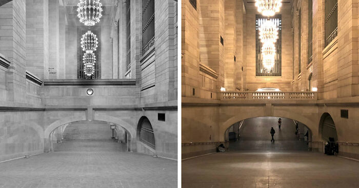 Before-and-after images showing time transforming a famous location’s interior architecture and lighting worldwide.