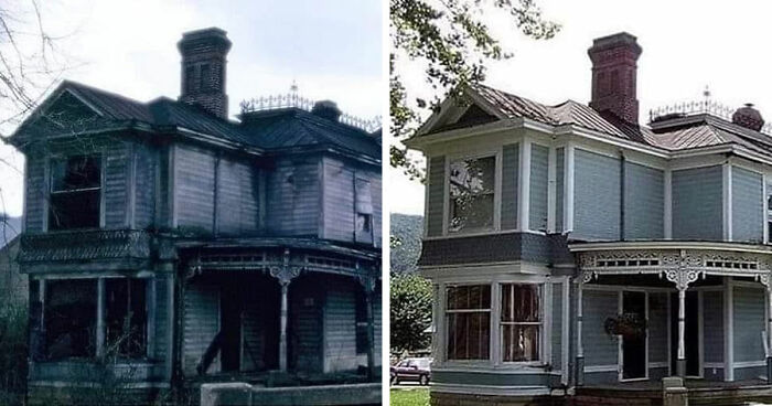 Before-and-after images showing the restoration and transformation of an old historic house at a famous location worldwide.