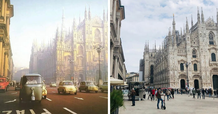 Side-by-side before and after images showing time transforming a famous location with old and modern city scenes.
