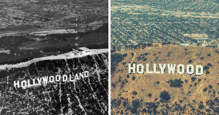Hollywood sign before and after image showing how time has transformed this famous location worldwide.