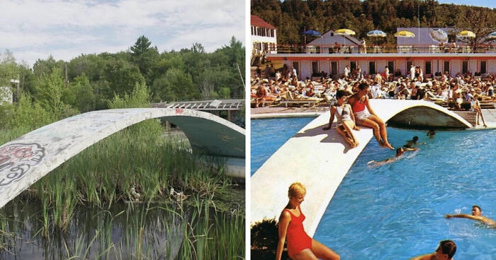 Before-and-after images showing how time has transformed a unique pool bridge at a famous location worldwide.