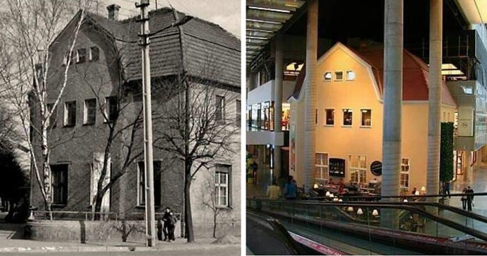Before-and-after images showing how time has transformed a famous location, comparing an old house to its modern indoor setting.