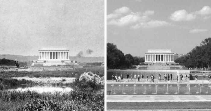 Before-and-after images showing how time has transformed famous locations worldwide, featuring the Lincoln Memorial.