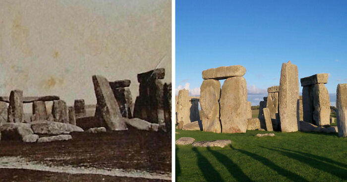 Stonehenge before and after images showing how time has transformed this famous location worldwide with clear skies and sunlight.