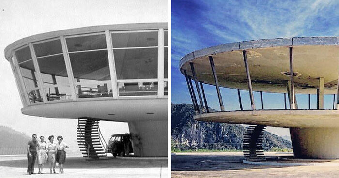 Before-and-after images showing the transformation of a famous location with a unique circular building over time.