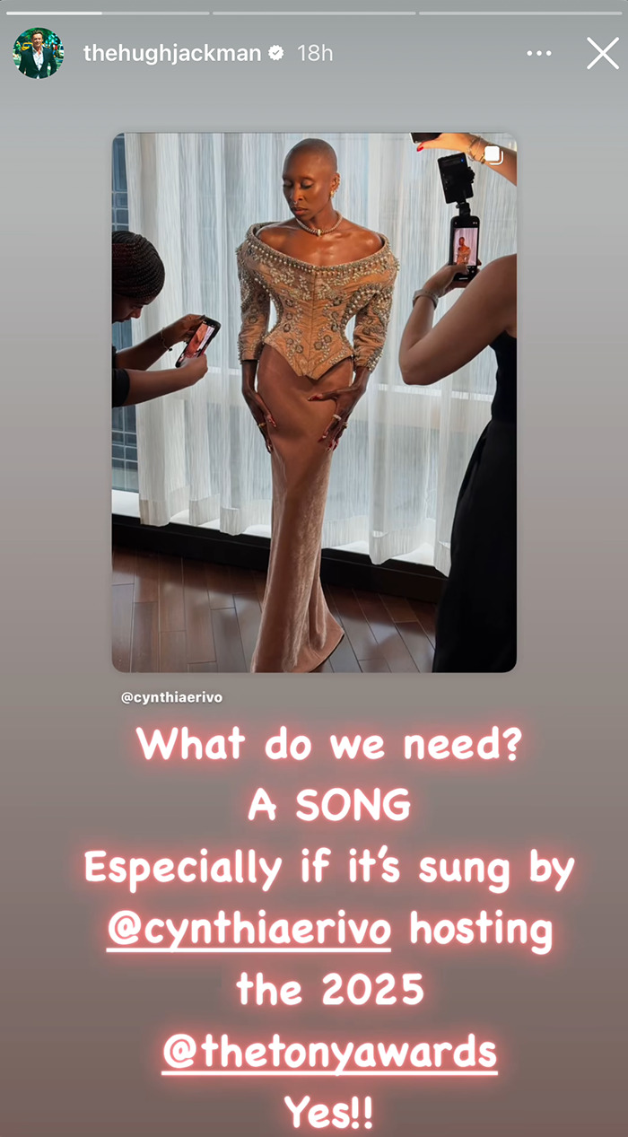 Woman posing in an ornate dress with two people photographing her, related to Hugh Jackman and Sutton Foster Tonys history. Woman posing in an ornate dress with two people photographing her, related to Hugh Jackman and Sutton Foster Tonys history.