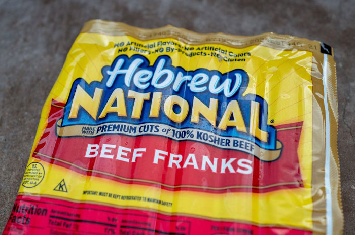 Package of Hebrew National beef franks, a hot dog brand linked to concerns about human DNA in hot dogs controversy.