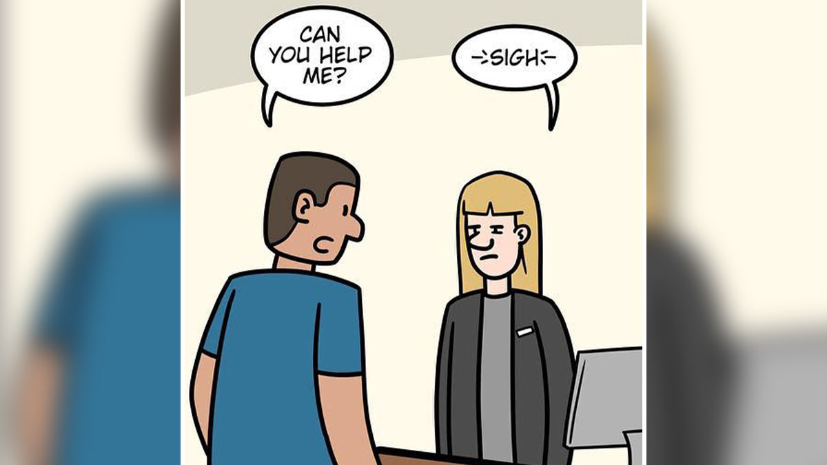 Library comic shows a frustrated librarian responding with a sigh to a patron asking for help at the service desk.