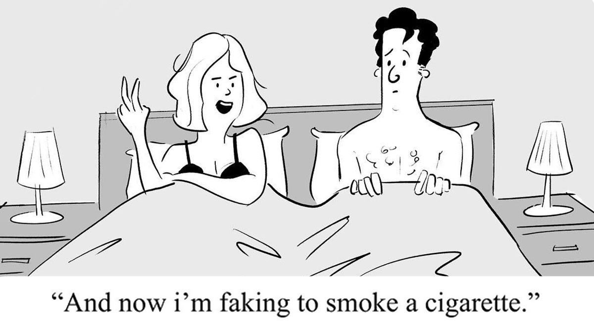Single-panel cartoon by Lukas F. showing a humorous bedroom scene with a woman faking to smoke a cigarette.