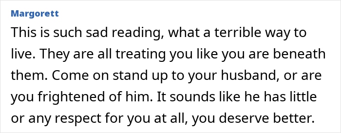 Comment by Margorett expressing sadness about a wife adopting husband's culture but feeling like an outsider to in-laws.