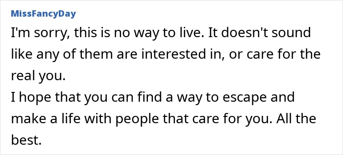Comment text about feeling like an outsider in-laws despite adopting husband's culture and raising kids alone.