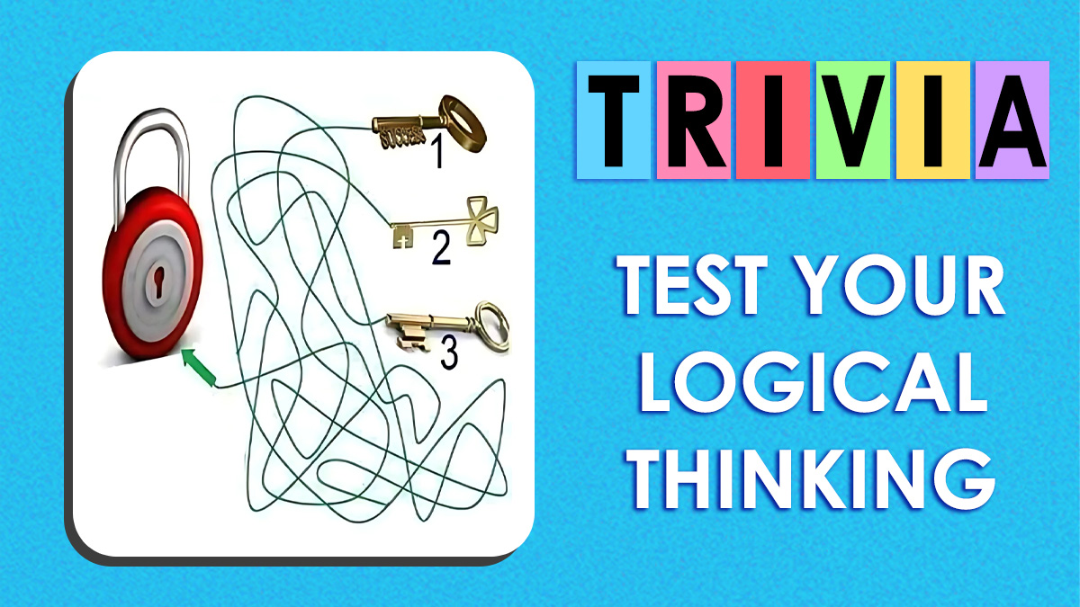 Lock and keys puzzle with tangled lines alongside colorful trivia letters and text testing logical thinking skills.