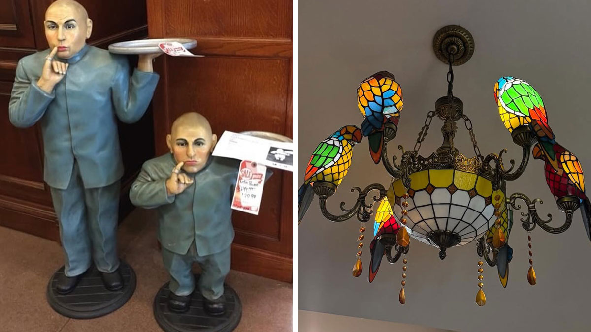 Two unique cool secondhand finds including a paired hospital helper statue and a colorful stained-glass parrot chandelier.