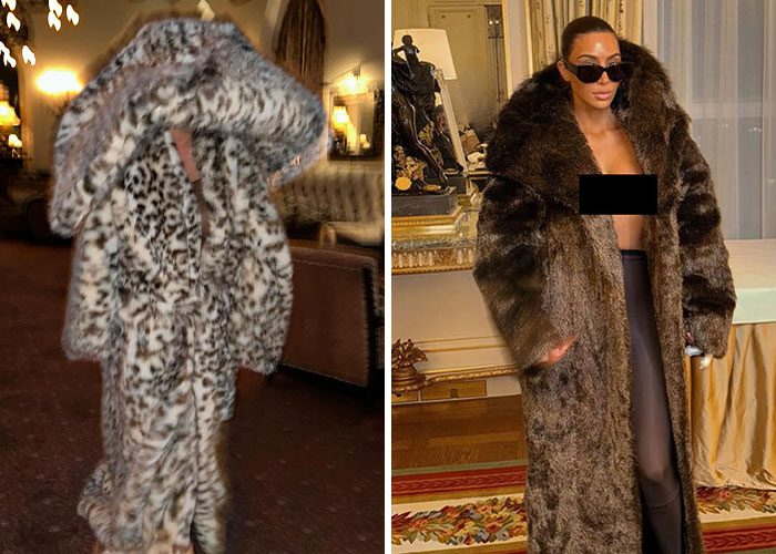 Bianca Censori wearing a daring bodysuit and long fur coat, sparking Kim K clone comments after hair extensions. Bianca Censori wearing a daring bodysuit and long fur coat, sparking Kim K clone comments after hair extensions.