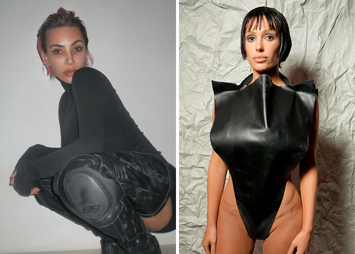 Bianca Censori in a daring black bodysuit with new hair extensions, sparking Kim K clone comparisons. Bianca Censori in a daring black bodysuit with new hair extensions, sparking Kim K clone comparisons.