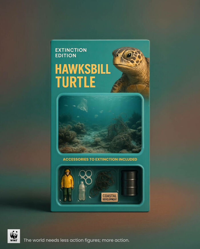 Powerful WWF ad showing Hawksbill turtle extinction edition toy with pollution accessories highlighting environmental threats.