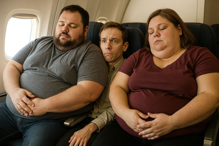 Obese woman and passenger cramped on airplane seats, middle passenger looking uncomfortable as armrest dispute escalates. Obese woman and passenger cramped on airplane seats, middle passenger looking uncomfortable as armrest dispute escalates.