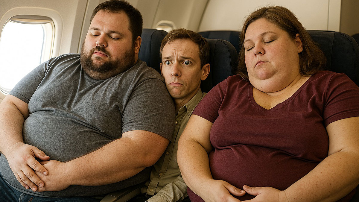 Obese woman and man sitting cramped next to uncomfortable passenger on airplane during flight.
