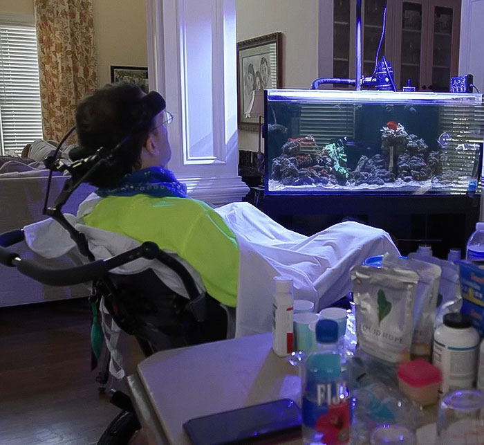 Man in wheelchair with neck brace watching fish tank, illustrating locked-in syndrome after chiropractor visit for neck pain. Man in wheelchair with neck brace watching fish tank, illustrating locked-in syndrome after chiropractor visit for neck pain.