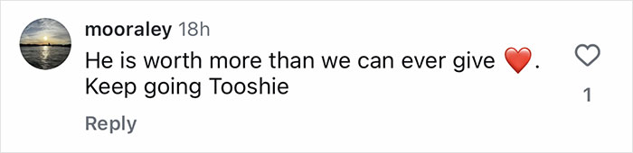 Instagram comment expressing support and love with a red heart emoji for a puppy's recovery after surgery. Instagram comment expressing support and love with a red heart emoji for a puppy's recovery after surgery.
