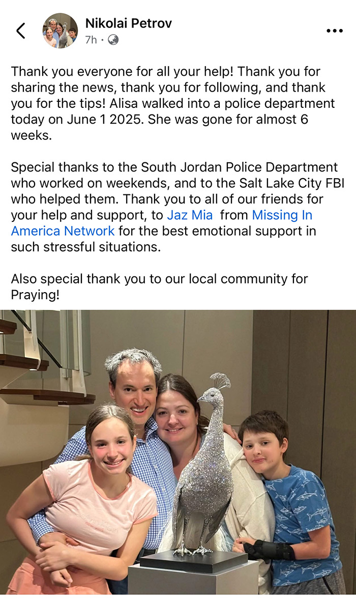 Family reunited smiling indoors celebrating after missing 15-year-old girl found alive six weeks after disappearing mysteriously Family reunited smiling indoors celebrating after missing 15-year-old girl found alive six weeks after disappearing mysteriously