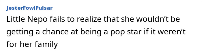 Comment on social media criticizing nepo grandbaby for complaining about luxurious life and lacking talent despite family connections. Comment on social media criticizing nepo grandbaby for complaining about luxurious life and lacking talent despite family connections.