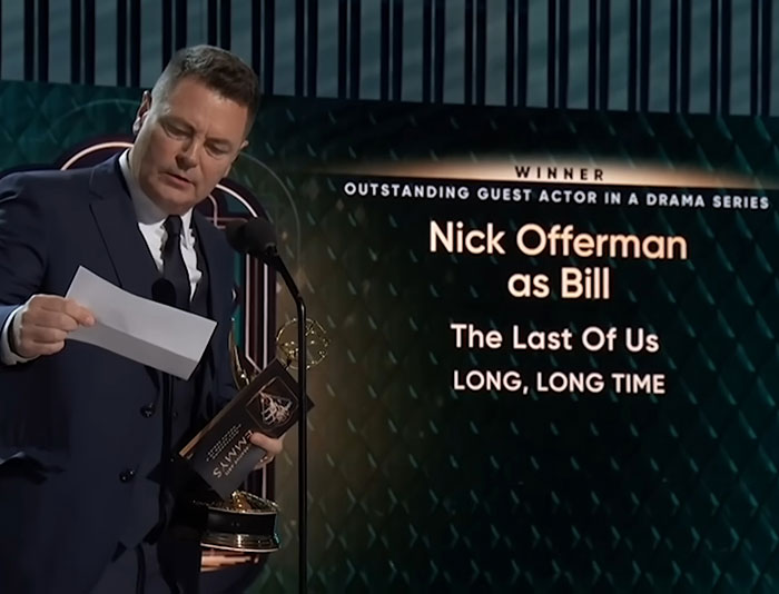 Nick Offerman accepting Emmy for Outstanding Guest Actor in a Drama Series for The Last of Us role. Nick Offerman accepting Emmy for Outstanding Guest Actor in a Drama Series for The Last of Us role.