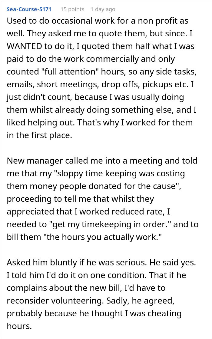Text excerpt from a non-profit employee about accusations of fudging hours and timekeeping issues. Text excerpt from a non-profit employee about accusations of fudging hours and timekeeping issues.