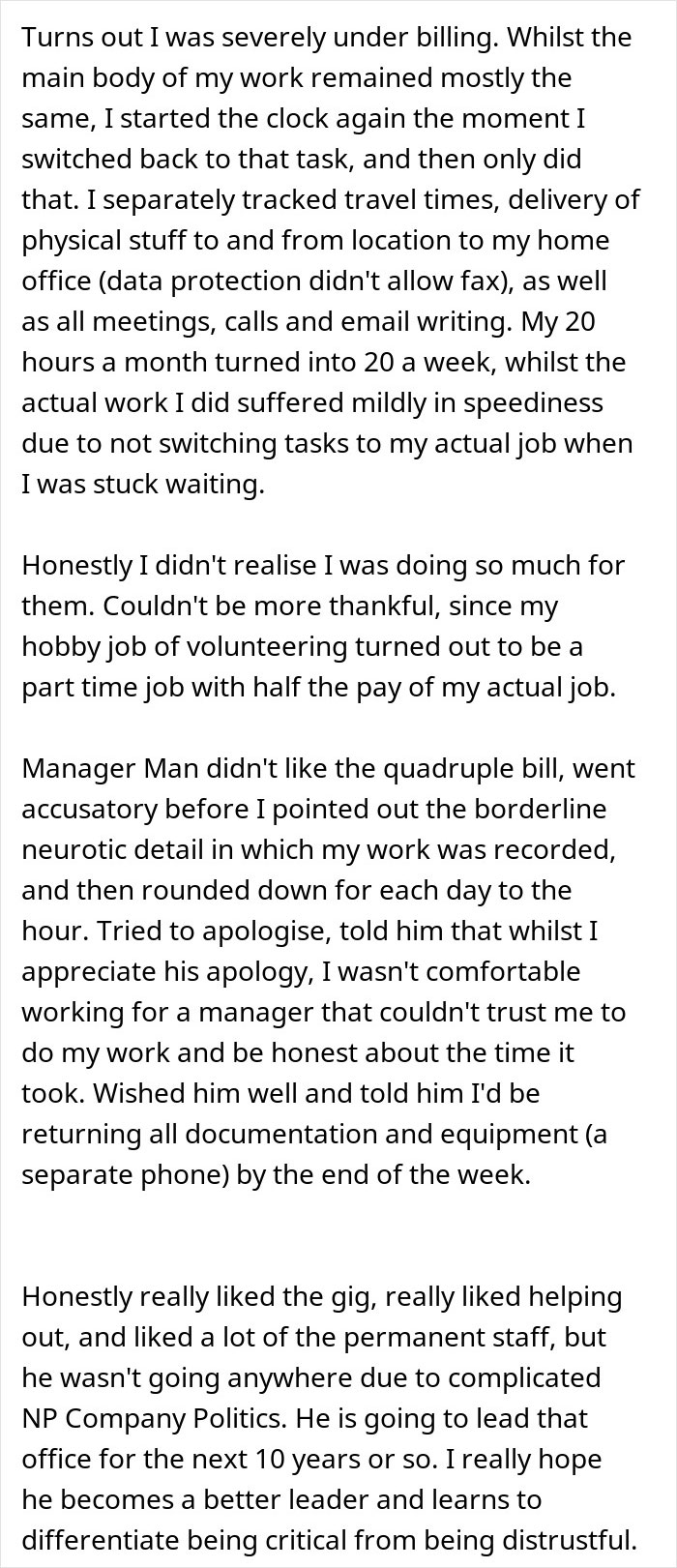 Text excerpt discussing non-profit employee tracking hours, billing disputes, and workplace challenges with management trust issues. Text excerpt discussing non-profit employee tracking hours, billing disputes, and workplace challenges with management trust issues.