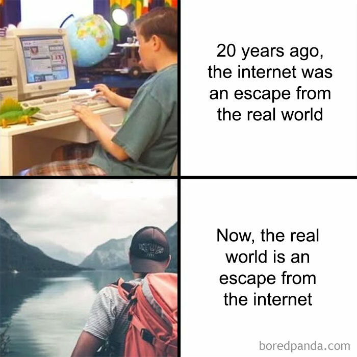 Boy using old computer in nostalgic meme about how the internet was an escape from the real world years ago
