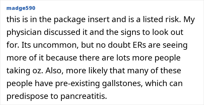 User comment discussing risks of Ozempic and mentions pre-existing gallstones related to organ damage concerns. User comment discussing risks of Ozempic and mentions pre-existing gallstones related to organ damage concerns.
