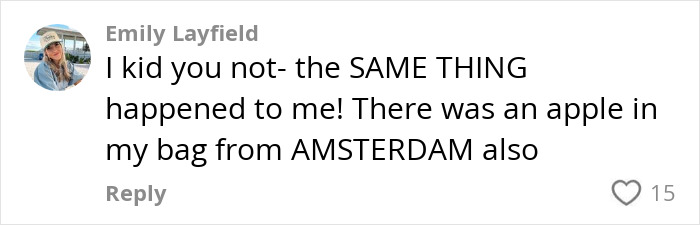 Comment by Emily Layfield discussing an undeclared apple in luggage and a similar experience at Amsterdam airport. Comment by Emily Layfield discussing an undeclared apple in luggage and a similar experience at Amsterdam airport.