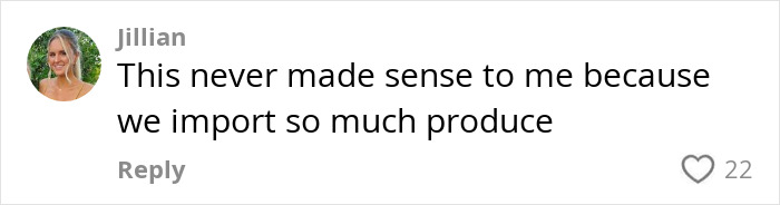 Comment from Jillian expressing confusion about importing so much produce related to a K9 sniffing undeclared apple in luggage incident. Comment from Jillian expressing confusion about importing so much produce related to a K9 sniffing undeclared apple in luggage incident.