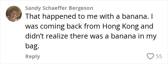 Comment by Sandy Schaeffer Bergeson sharing a travel story about K9 sniffing undeclared fruit in luggage. Comment by Sandy Schaeffer Bergeson sharing a travel story about K9 sniffing undeclared fruit in luggage.