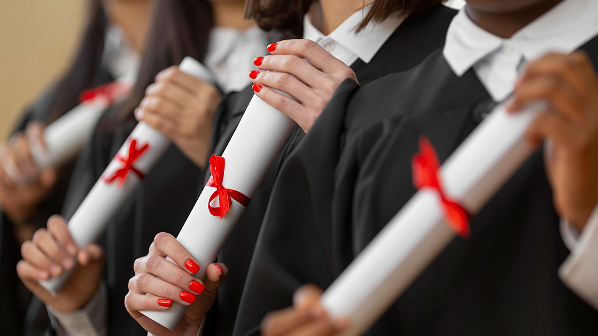 Adults dressed in graduation gowns holding diplomas symbolizing nostalgia for their high school glory days.