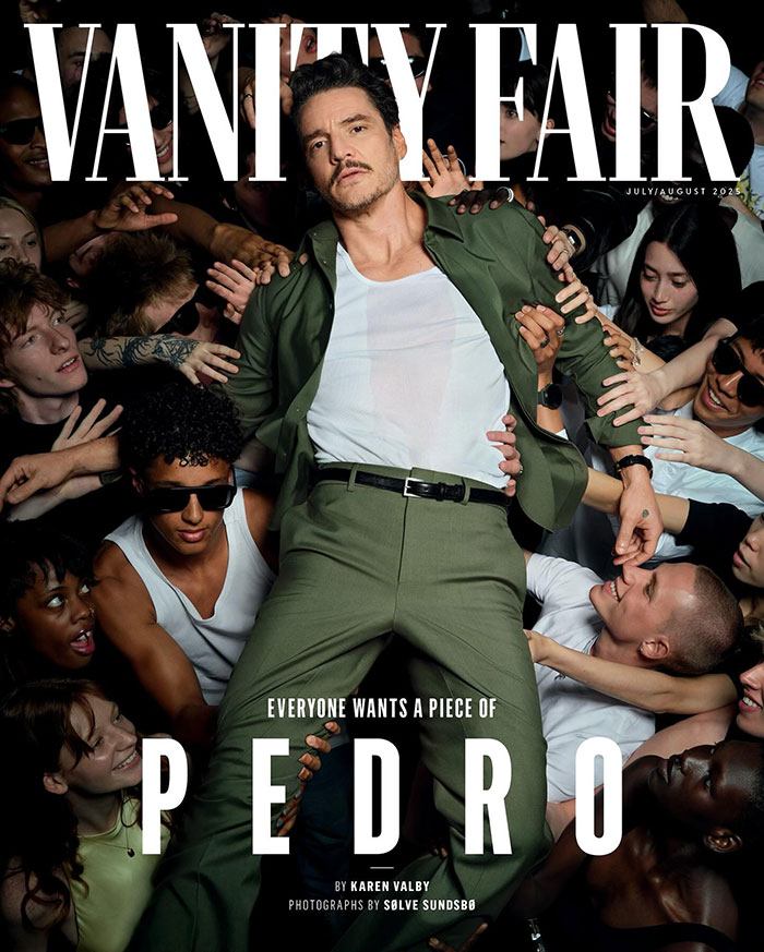 Pedro Pascal posing confidently in a green suit surrounded by people reaching toward him for Vanity Fair cover. Pedro Pascal posing confidently in a green suit surrounded by people reaching toward him for Vanity Fair cover.