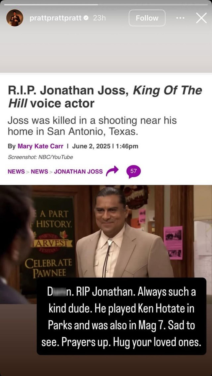 Chris Pratt sparks heated reactions with a callous tribute to Parks and Rec co-star's passing in social media post. Chris Pratt sparks heated reactions with a callous tribute to Parks and Rec co-star's passing in social media post.