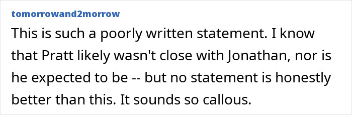 Screenshot of a social media comment criticizing Chris Pratt’s callous tribute to a Parks and Rec co-star’s passing. Screenshot of a social media comment criticizing Chris Pratt’s callous tribute to a Parks and Rec co-star’s passing.