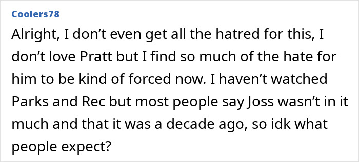 User comment on forums discussing Chris Pratt sparking heated reactions after a callous tribute to Parks and Rec co-star's passing. User comment on forums discussing Chris Pratt sparking heated reactions after a callous tribute to Parks and Rec co-star's passing.