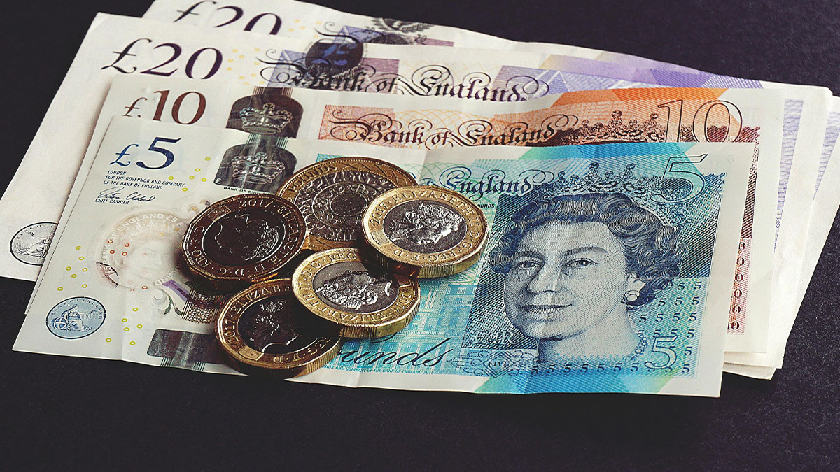 British currency including coins and banknotes representing wealth and privileged things people share.