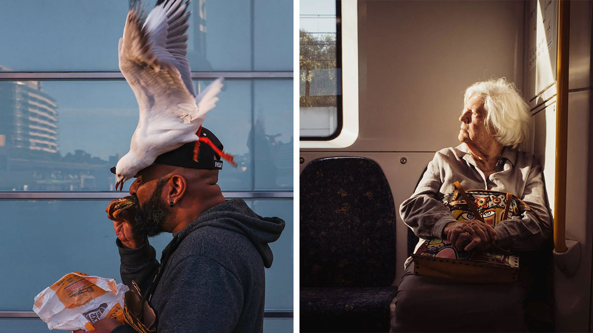 Candid street photo of man eating with bird flying over his head and elderly woman sitting on a train window seat.