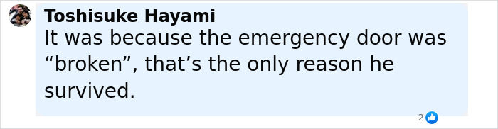 Comment by Toshisuke Hayami discussing how a broken emergency door was the key reason for surviving the Air India incident. Comment by Toshisuke Hayami discussing how a broken emergency door was the key reason for surviving the Air India incident.