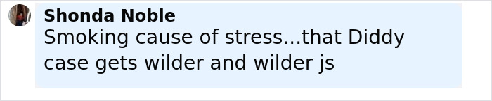 Comment by Shonda Noble about smoking causing stress and referencing a wild Diddy case in a social media post. Comment by Shonda Noble about smoking causing stress and referencing a wild Diddy case in a social media post.