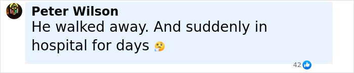 Comment by Peter Wilson expressing shock about someone suddenly being hospitalized for days, related to Air India survivor's guilt. Comment by Peter Wilson expressing shock about someone suddenly being hospitalized for days, related to Air India survivor's guilt.