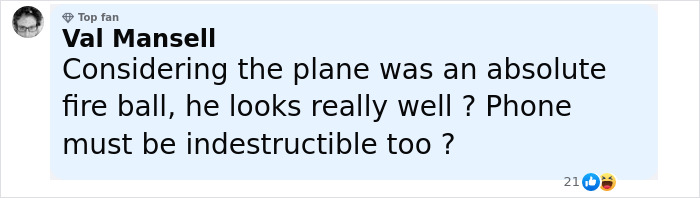 Facebook comment by Val Mansell questioning the condition of a phone after an Air India plane fireball incident. Facebook comment by Val Mansell questioning the condition of a phone after an Air India plane fireball incident.