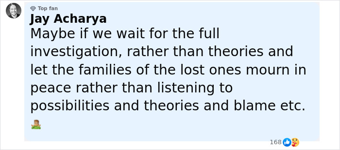User comment by Jay Acharya expressing a view on waiting for full investigation before blaming in Air India crash theories discussion. User comment by Jay Acharya expressing a view on waiting for full investigation before blaming in Air India crash theories discussion.