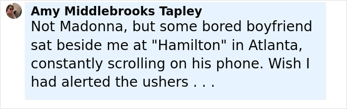 Screenshot of a tweet mentioning Madonna slammed by Hamilton star for disrespectful behavior during the show in Atlanta. Screenshot of a tweet mentioning Madonna slammed by Hamilton star for disrespectful behavior during the show in Atlanta.