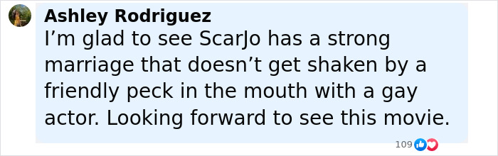 Fan comment about Scarlett Johansson's marriage and reaction to kissing costar at a movie premiere event. Fan comment about Scarlett Johansson's marriage and reaction to kissing costar at a movie premiere event.