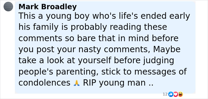 Comment expressing condolences for a boy, 12, who passed away after attempting a viral scarf challenge. Comment expressing condolences for a boy, 12, who passed away after attempting a viral scarf challenge.