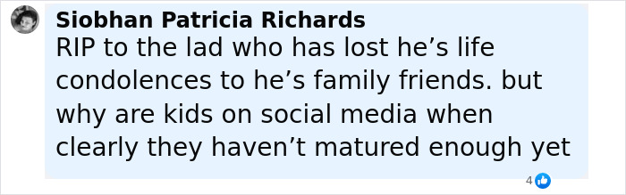 Comment by Siobhan Patricia Richards expressing condolences for a boy, 12, who passed away after trying a viral scarf challenge. Comment by Siobhan Patricia Richards expressing condolences for a boy, 12, who passed away after trying a viral scarf challenge.